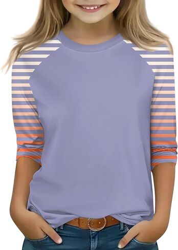 Fall Girls Tops Raglan 3/4 Sleeve Crewneck Shirts Solid Graphic Clothes Lightweight Raglan 3/4 Legth Sleeve Outfits in Saudi Arabia