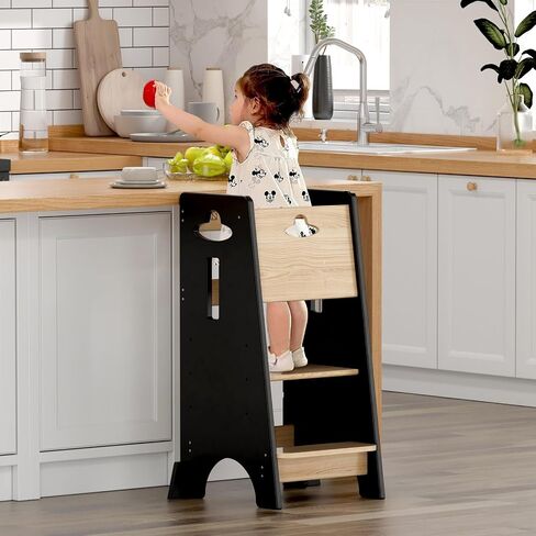 Costyland Toddler Towning Tower Hightable - Super Super Kids Kitch Kitchen Helper - 3 مستويات قابلة للتعديل براز مطبخ خشبي قابلة للتعديل (طبيعي وأبيض) in Kuwait