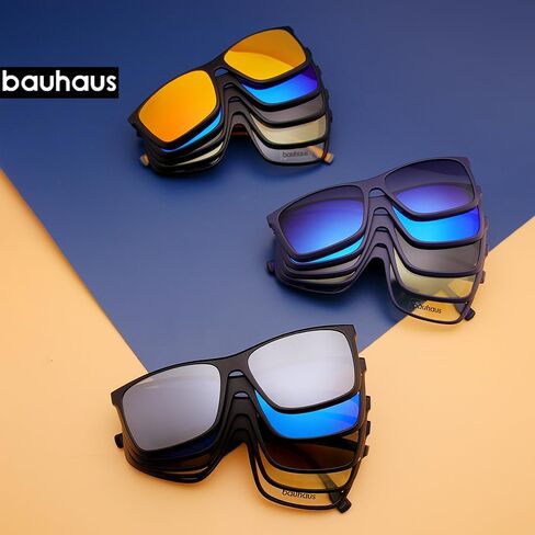 Bauhaus Magnetic Clip on Sunglasses for Men & Women Polarized UV Protection Retro Square Eyeglasses Fit Over Night Driving in Kuwait