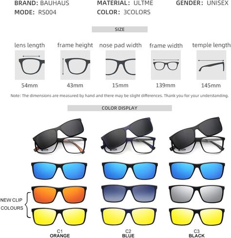 Bauhaus Magnetic Clip on Sunglasses for Men & Women Polarized UV Protection Retro Square Eyeglasses Fit Over Night Driving in Kuwait
