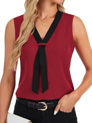 Rooscier Women's Colorblock V Neck Sleeveless Loose Fit Office Blouse Tank Top Shirt in Kuwait