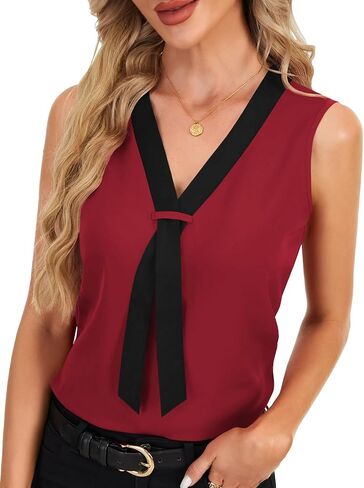Rooscier Women's Colorblock V Neck Sleeveless Loose Fit Office Blouse Tank Top Shirt in Kuwait