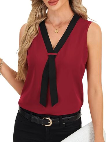 Rooscier Women's Colorblock V Neck Sleeveless Loose Fit Office Blouse Tank Top Shirt in Kuwait