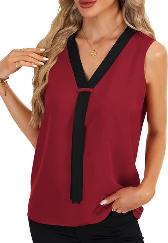 Rooscier Women's Colorblock V Neck Sleeveless Loose Fit Office Blouse Tank Top Shirt in Kuwait