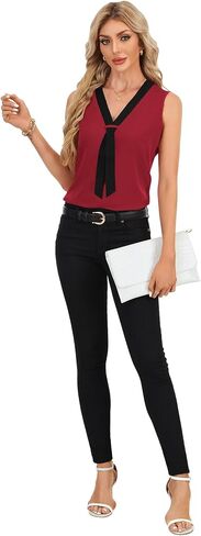 Rooscier Women's Colorblock V Neck Sleeveless Loose Fit Office Blouse Tank Top Shirt in Kuwait