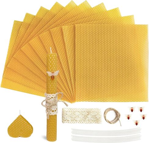Lacaser Beeswax Candle Making Kit, 10pcs 8"x 8" 100% Beeswax Sheets for Candle Making -Include Bee Ornaments, Lace, Cotton Candle Wicks & Hemp Rope, DIY Candle Making Supplies in Saudi Arabia