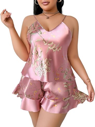 Plus Size Satin Pajamas Set for Women Silk Camisole Tops & Ruffled Shorts in Saudi Arabia