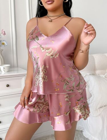 Plus Size Satin Pajamas Set for Women Silk Camisole Tops & Ruffled Shorts in Saudi Arabia
