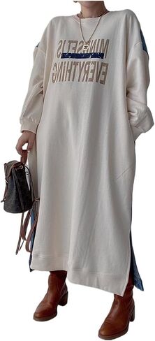 Women'S Long Ankle-Length Hoodie Sweater Casual Alphanumeric Print Patchwork Denim Loose Long-Sleeved Hoodie Dress in Saudi Arabia