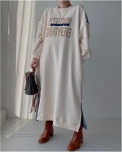 Women'S Long Ankle-Length Hoodie Sweater Casual Alphanumeric Print Patchwork Denim Loose Long-Sleeved Hoodie Dress in Saudi Arabia