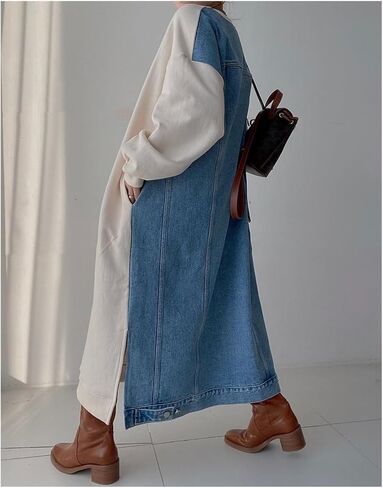 Women'S Long Ankle-Length Hoodie Sweater Casual Alphanumeric Print Patchwork Denim Loose Long-Sleeved Hoodie Dress in Saudi Arabia