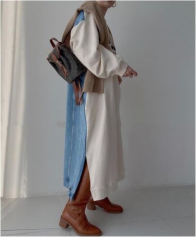 Women'S Long Ankle-Length Hoodie Sweater Casual Alphanumeric Print Patchwork Denim Loose Long-Sleeved Hoodie Dress in Saudi Arabia