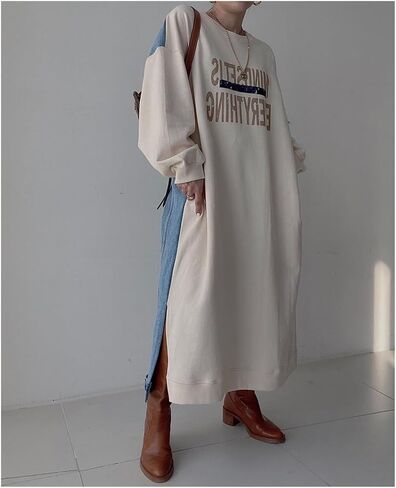 Women'S Long Ankle-Length Hoodie Sweater Casual Alphanumeric Print Patchwork Denim Loose Long-Sleeved Hoodie Dress in Saudi Arabia
