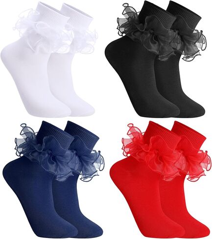 Jspupifip 4 Pairs Women Big Ruffle Socks, Cute Classic Double Lace Frilly Cotton Dress Sock for Ladies in Saudi Arabia