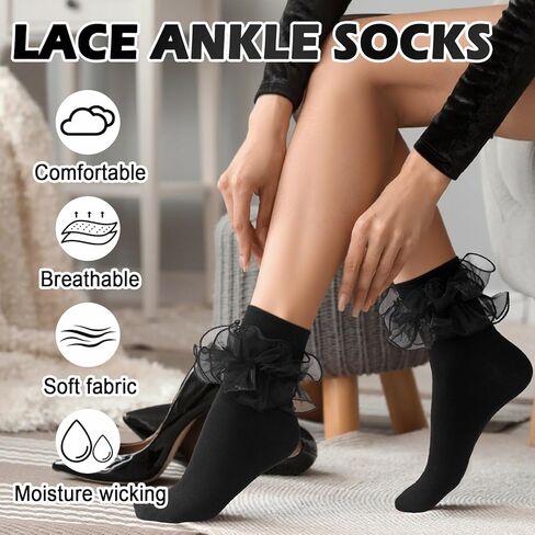 Jspupifip 4 Pairs Women Big Ruffle Socks, Cute Classic Double Lace Frilly Cotton Dress Sock for Ladies in Saudi Arabia