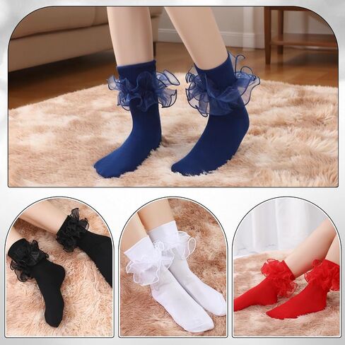 Jspupifip 4 Pairs Women Big Ruffle Socks, Cute Classic Double Lace Frilly Cotton Dress Sock for Ladies in Saudi Arabia