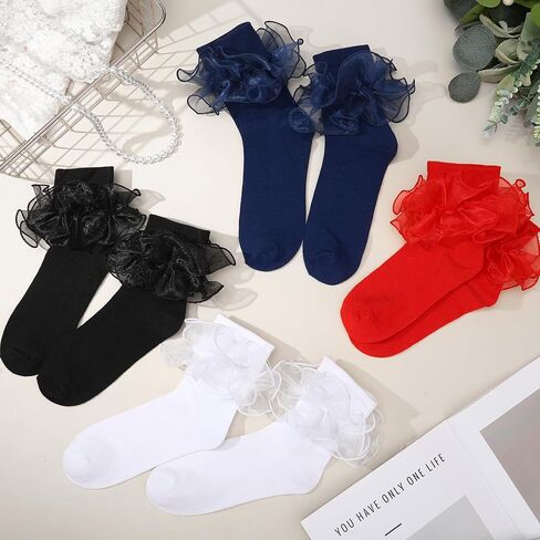Jspupifip 4 Pairs Women Big Ruffle Socks, Cute Classic Double Lace Frilly Cotton Dress Sock for Ladies in Saudi Arabia