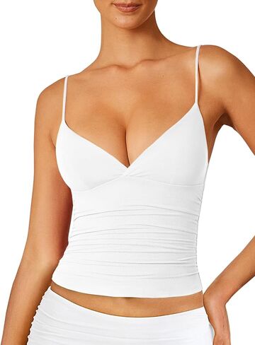 Women's Sexy Deep V Neck Wrap Ruched Side Spaghetti Straps Sleeveless Slim Fit Crop Top in Kuwait