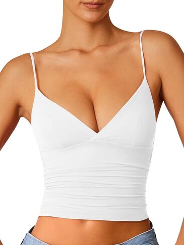 Women's Sexy Deep V Neck Wrap Ruched Side Spaghetti Straps Sleeveless Slim Fit Crop Top in Kuwait