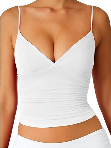 Women's Sexy Deep V Neck Wrap Ruched Side Spaghetti Straps Sleeveless Slim Fit Crop Top in Kuwait