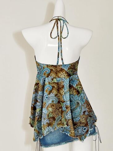 Verdusa Women's Western Paisley Tie Back Slit Halter Top Asymmetrical Flowy Tops in Saudi Arabia