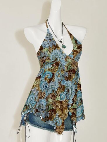 Verdusa Women's Western Paisley Tie Back Slit Halter Top Asymmetrical Flowy Tops in Saudi Arabia