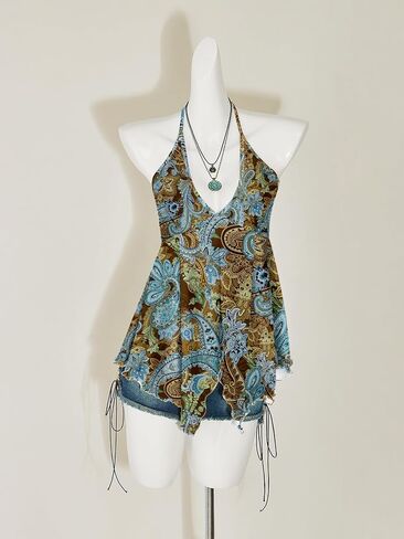 Verdusa Women's Western Paisley Tie Back Slit Halter Top Asymmetrical Flowy Tops in Saudi Arabia
