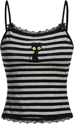SOLY HUX Women's Y2k Lace Striped Cami Crop Tops Spaghetti Strap Cat Embroidery Camisole in Saudi Arabia