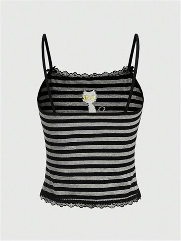 SOLY HUX Women's Y2k Lace Striped Cami Crop Tops Spaghetti Strap Cat Embroidery Camisole in Saudi Arabia