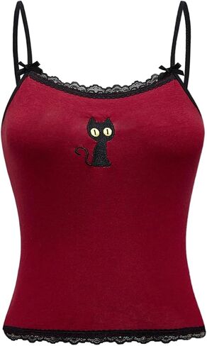 SOLY HUX Women's Y2k Lace Striped Cami Crop Tops Spaghetti Strap Cat Embroidery Camisole in Saudi Arabia