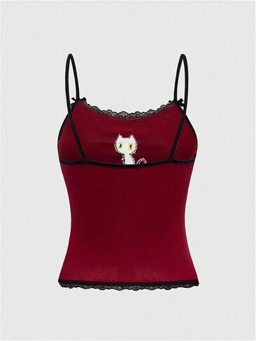 SOLY HUX Women's Y2k Lace Striped Cami Crop Tops Spaghetti Strap Cat Embroidery Camisole in Saudi Arabia
