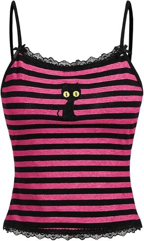 SOLY HUX Women's Y2k Lace Striped Cami Crop Tops Spaghetti Strap Cat Embroidery Camisole in Saudi Arabia