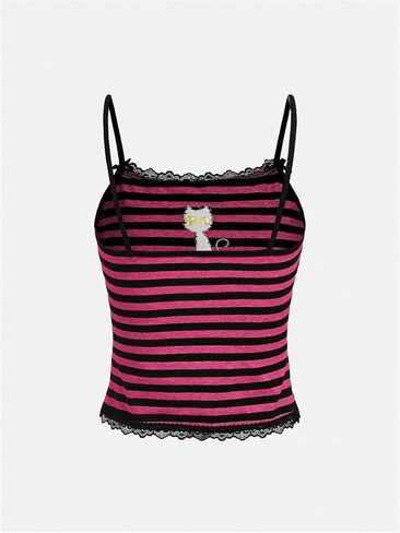 SOLY HUX Women's Y2k Lace Striped Cami Crop Tops Spaghetti Strap Cat Embroidery Camisole in Saudi Arabia