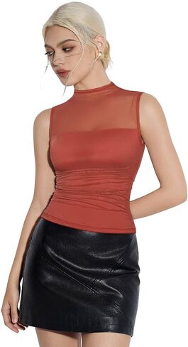SUUKSESS Women Sexy Mesh Sheer Crop Tank Tops Sleeveless Ruched Going Out Tops in Saudi Arabia