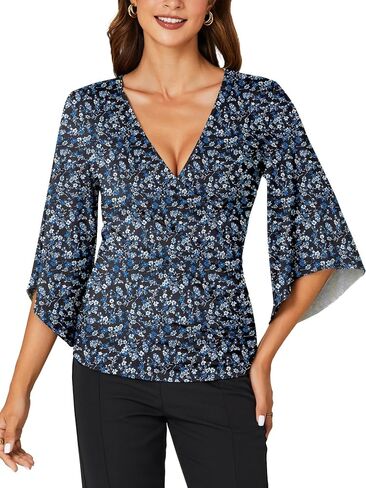 KIFOVEN Women’s 3/4 Bell Sleeve Tee Shirt Deep V Neck Wrap Ruched Slim Fit T Shirt Blouse Top in Saudi Arabia