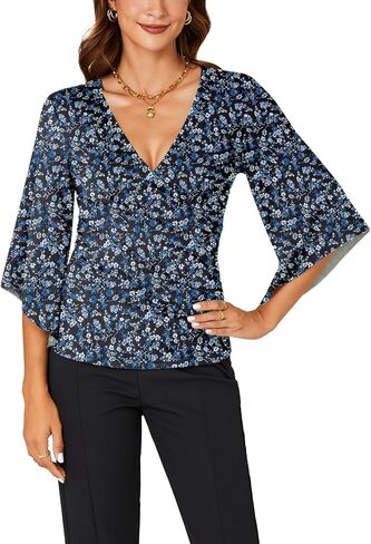 KIFOVEN Women’s 3/4 Bell Sleeve Tee Shirt Deep V Neck Wrap Ruched Slim Fit T Shirt Blouse Top in Saudi Arabia