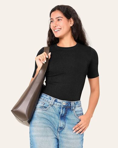 BAMBOO COOL Women's Seamless Tight T-Shirts Slim Fit Basic Ribbed Tees Short Sleeve Crew Neck Top in Saudi Arabia