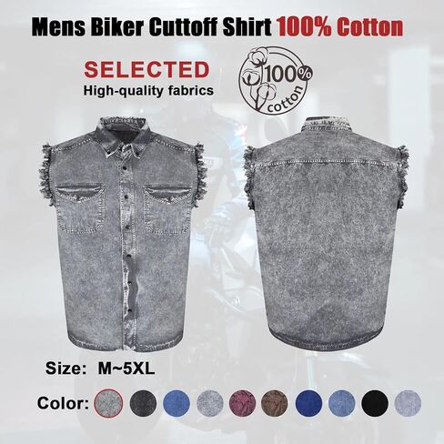 GARGOYLE BELLS Men's Sleeveless Cotton Shirts Biker Cuttoff Vest Cotton Shirt Cowboy Casual Button Down Shirt in Saudi Arabia
