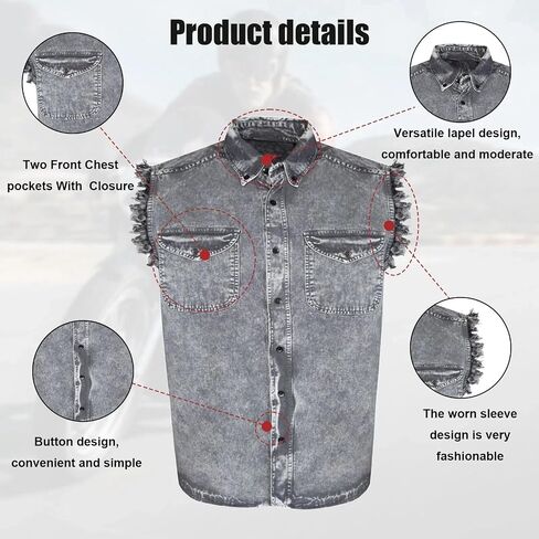 GARGOYLE BELLS Men's Sleeveless Cotton Shirts Biker Cuttoff Vest Cotton Shirt Cowboy Casual Button Down Shirt in Saudi Arabia