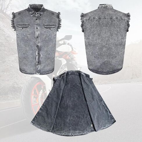 GARGOYLE BELLS Men's Sleeveless Cotton Shirts Biker Cuttoff Vest Cotton Shirt Cowboy Casual Button Down Shirt in Saudi Arabia