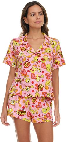 Womens Pajama Sets - 2 Piece Looney Tunes Tom and Jerry Tweety Bird Button Down Sleep Shirt and Pajama Shorts Set in Saudi Arabia