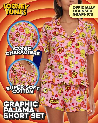 Womens Pajama Sets - 2 Piece Looney Tunes Tom and Jerry Tweety Bird Button Down Sleep Shirt and Pajama Shorts Set in Saudi Arabia