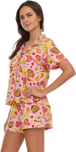 Womens Pajama Sets - 2 Piece Looney Tunes Tom and Jerry Tweety Bird Button Down Sleep Shirt and Pajama Shorts Set in Saudi Arabia