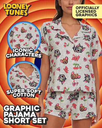 Womens Pajama Sets - 2 Piece Looney Tunes Tom and Jerry Tweety Bird Button Down Sleep Shirt and Pajama Shorts Set in Saudi Arabia