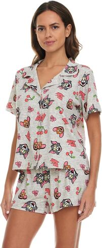 Womens Pajama Sets - 2 Piece Looney Tunes Tom and Jerry Tweety Bird Button Down Sleep Shirt and Pajama Shorts Set in Saudi Arabia