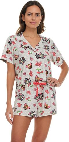 Womens Pajama Sets - 2 Piece Looney Tunes Tom and Jerry Tweety Bird Button Down Sleep Shirt and Pajama Shorts Set in Saudi Arabia