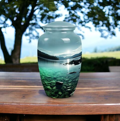 Mountain Lake at Twilight - Urns Large - Funeral Urn Ashes - Burial Urns for Ashes - Human Remains Urns (10inch), Natural in Saudi Arabia