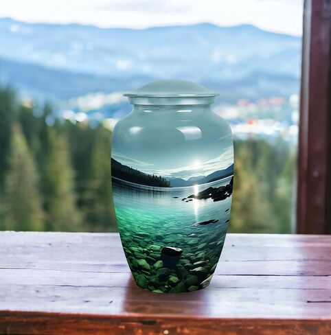 Mountain Lake at Twilight - Urns Large - Funeral Urn Ashes - Burial Urns for Ashes - Human Remains Urns (10inch), Natural in Saudi Arabia