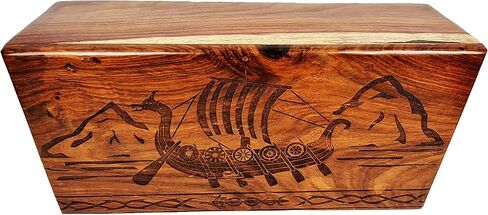 Khizar Handicraft Wooden Urn for Human Ashes – Viking Ship Design – Handmade Sheesham Wood Cremation Box – Large Adult Funeral Urn with Lid – Memorial Keepsake (9"x5.5"x4.5") in Saudi Arabia
