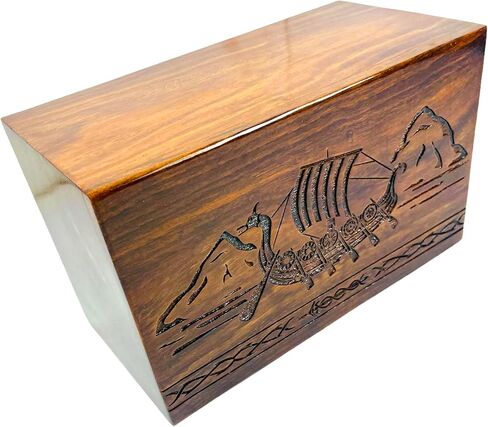 Khizar Handicraft Wooden Urn for Human Ashes – Viking Ship Design – Handmade Sheesham Wood Cremation Box – Large Adult Funeral Urn with Lid – Memorial Keepsake (9"x5.5"x4.5") in Saudi Arabia